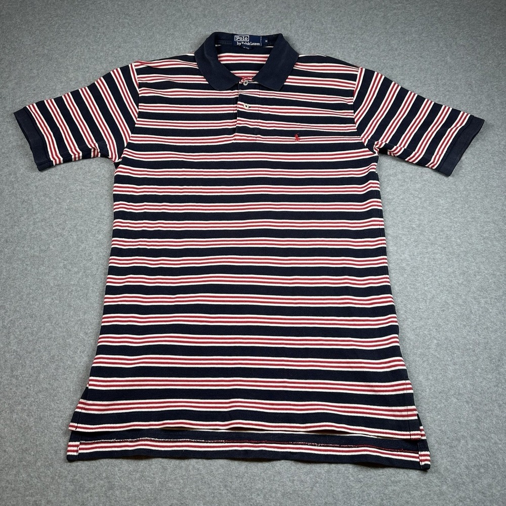 VTG Polo Ralph Lauren Striped Polo Shirt Navy‎ Red White Mens M Cotton Pony NOTE